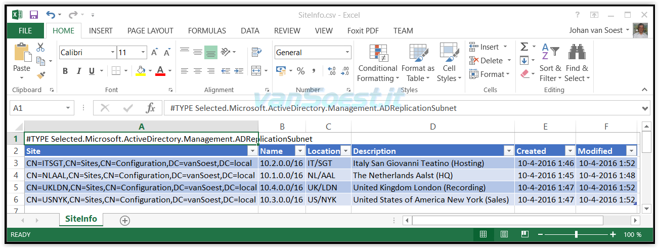 Excel 2013 Active Directory Sites and Subnet information