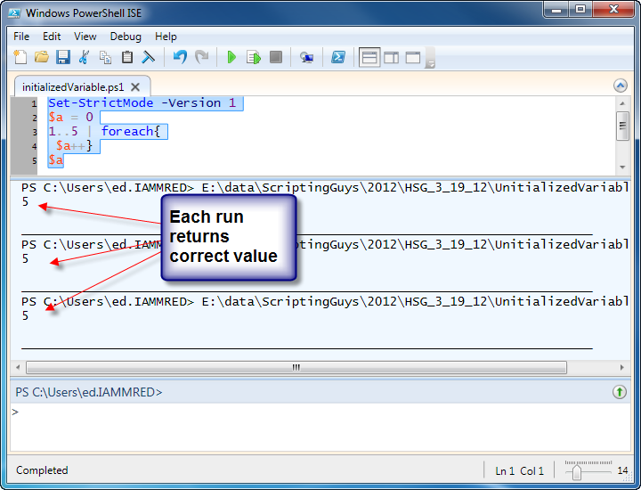 A fixed script example corrected after warned by <b>Set-StrictMode</b> (Image courtesy of Microsoft Scripting Guy)
