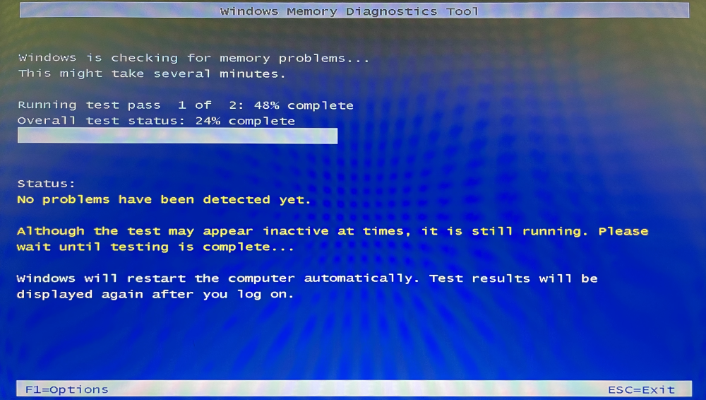 Windows Memory Diagnostics: uitgevoerd in tekstmodus met standaardopties.